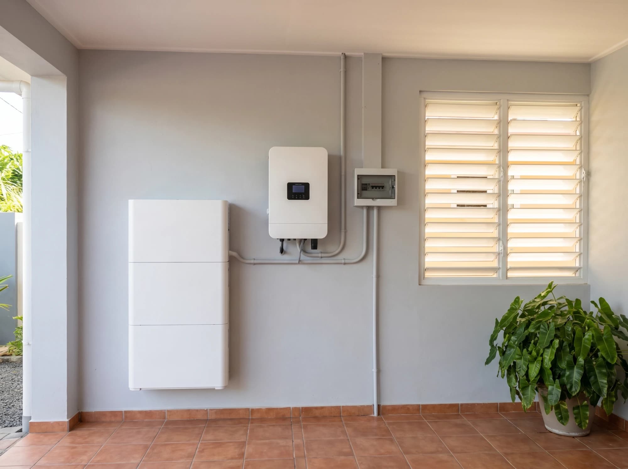 Thuisbatterij en omvormer netjes aan de muur van een carport