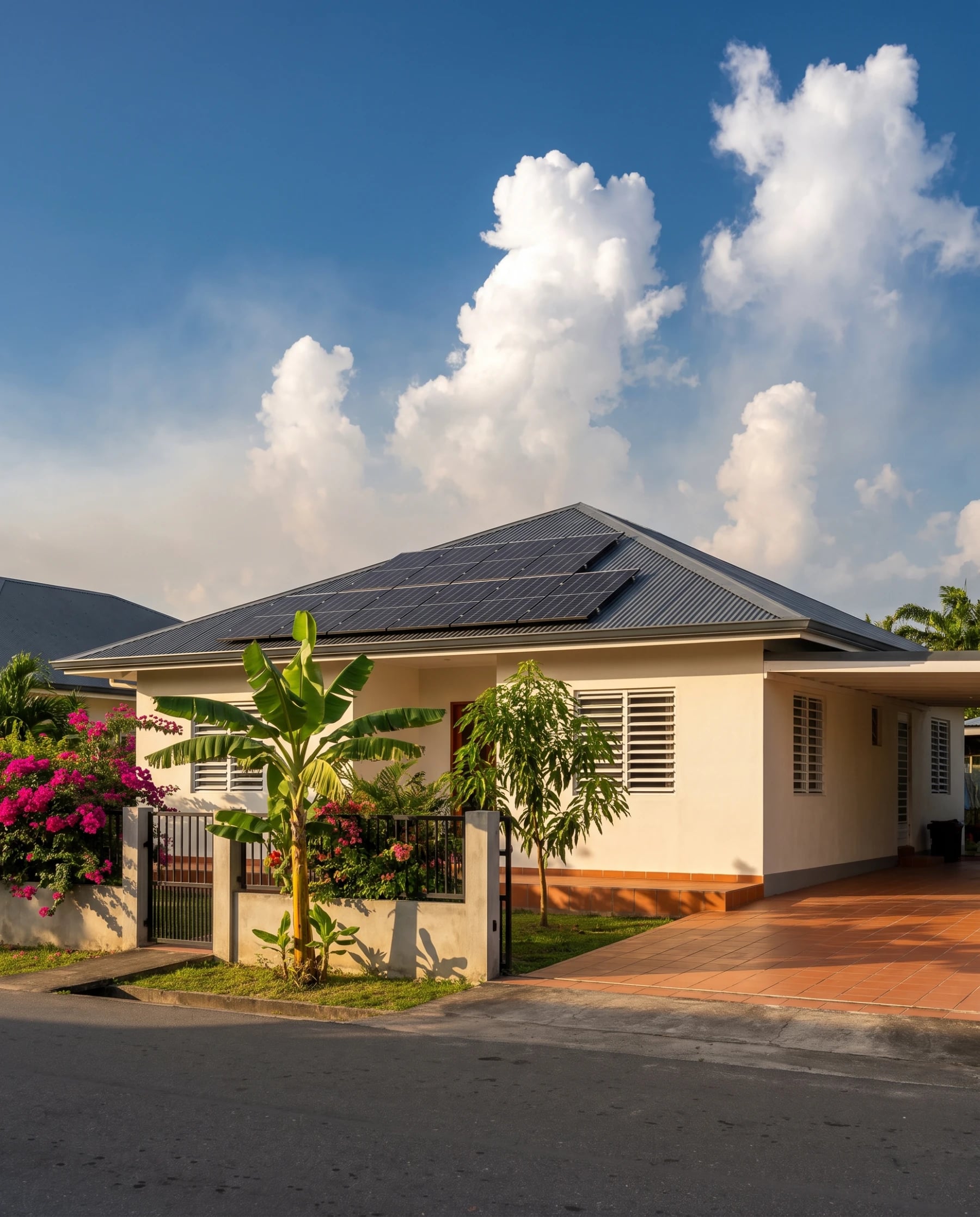 Woning in Paramaribo met zwarte glas-glas zonnepanelen op het zinken dak