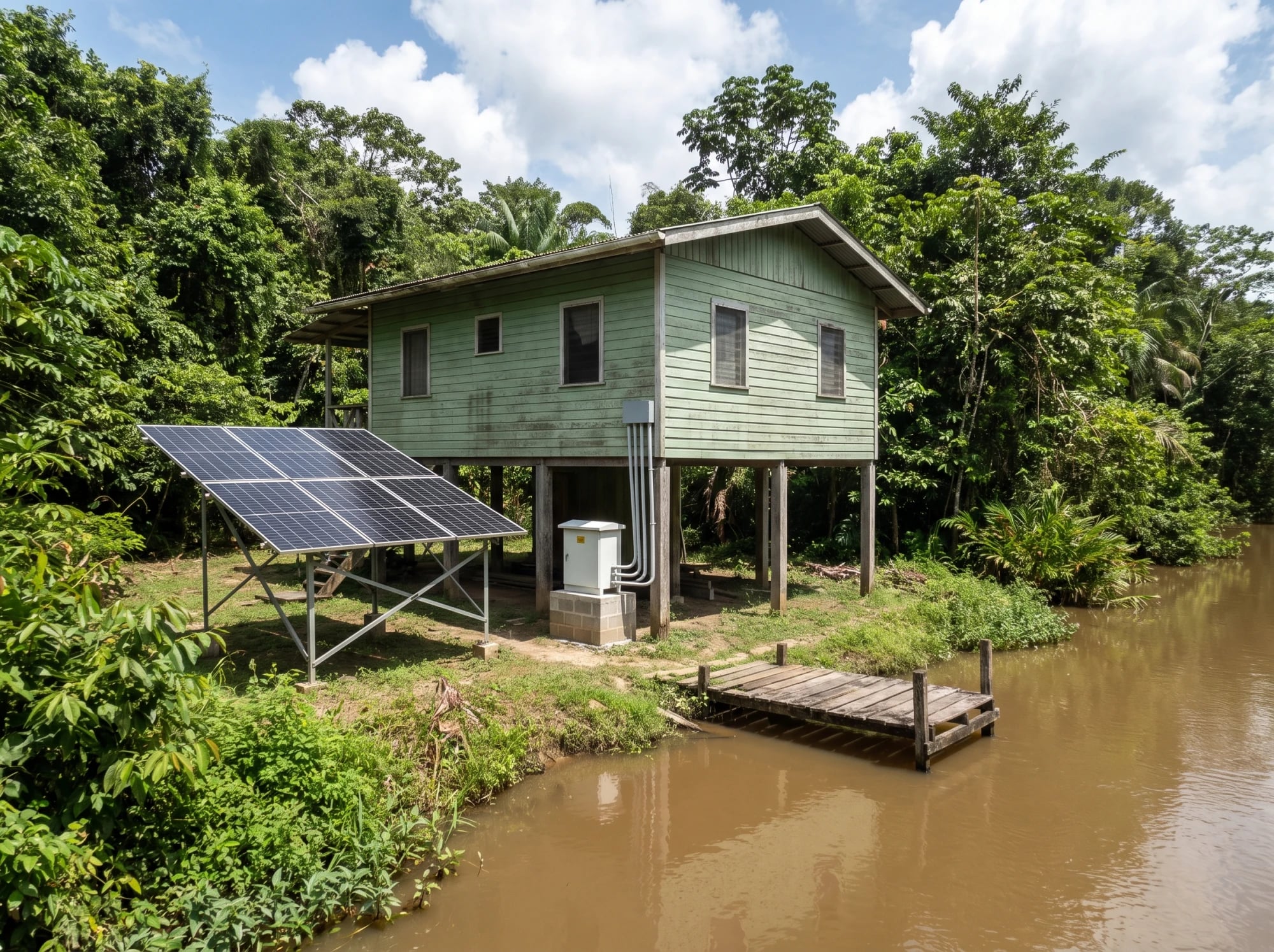Houten huis op palen aan de rivier in het binnenland, met zonnepanelen op een frame en een batterijkast