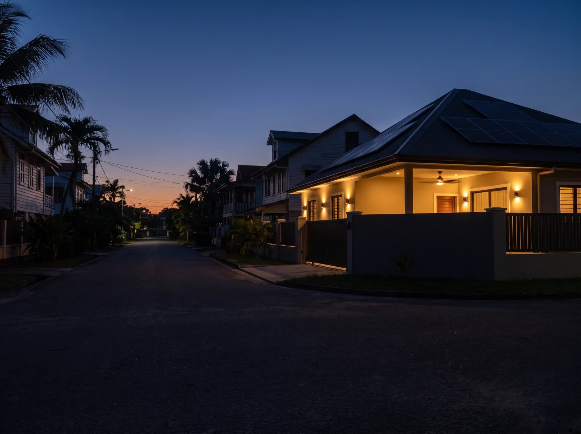 Woning met zonnepanelen die verlicht blijft terwijl de rest van de straat donker is tijdens een stroomuitval